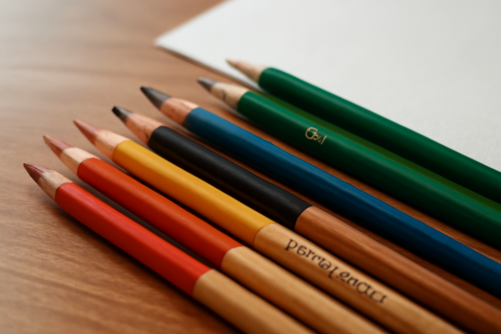 Tiga jenis pensil warna untuk ilustrasi ditata di atas meja kayu
