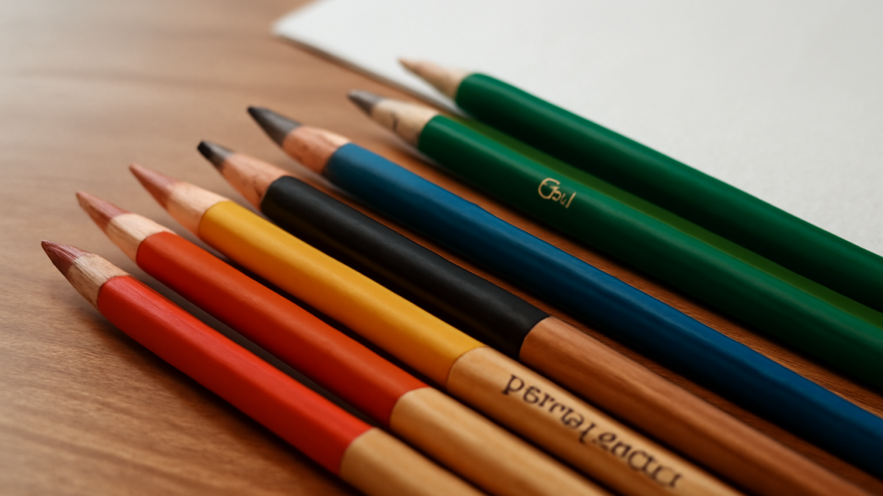 Tiga jenis pensil warna untuk ilustrasi ditata di atas meja kayu