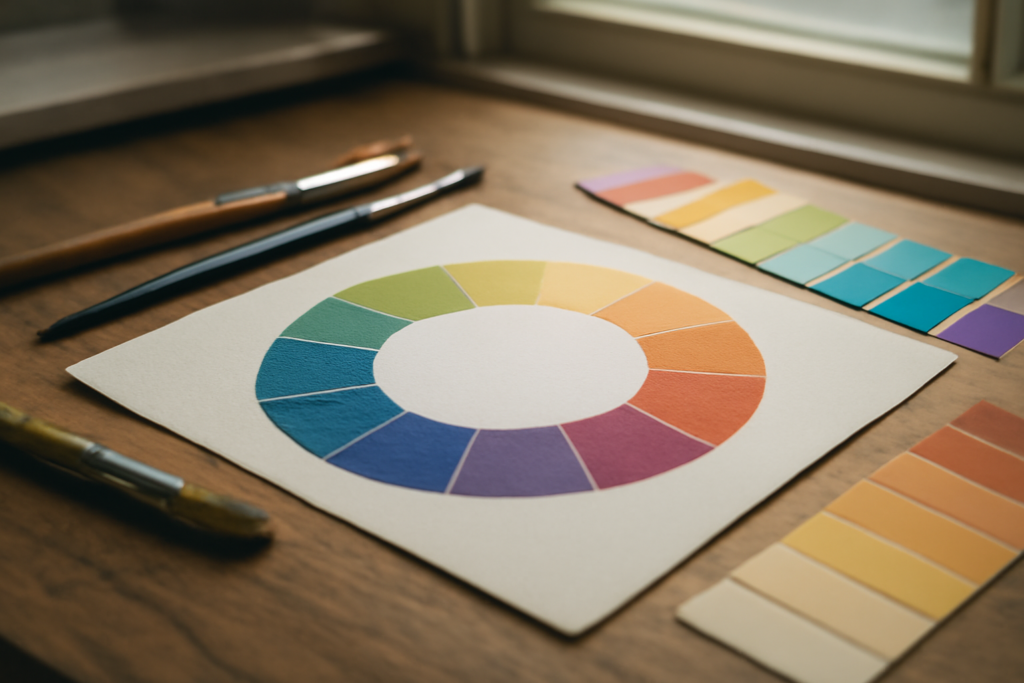Roda warna dan alat seni di atas meja kayu