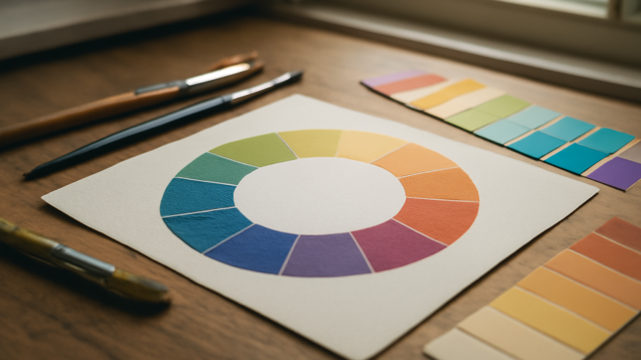 Roda warna dan alat seni di atas meja kayu