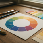 Roda warna dan alat seni di atas meja kayu