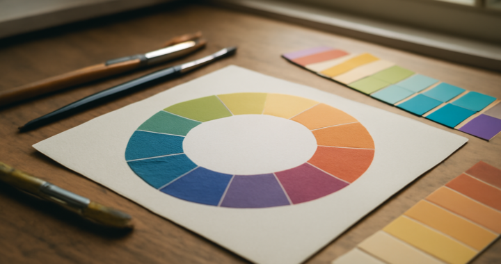 Roda warna dan alat seni di atas meja kayu