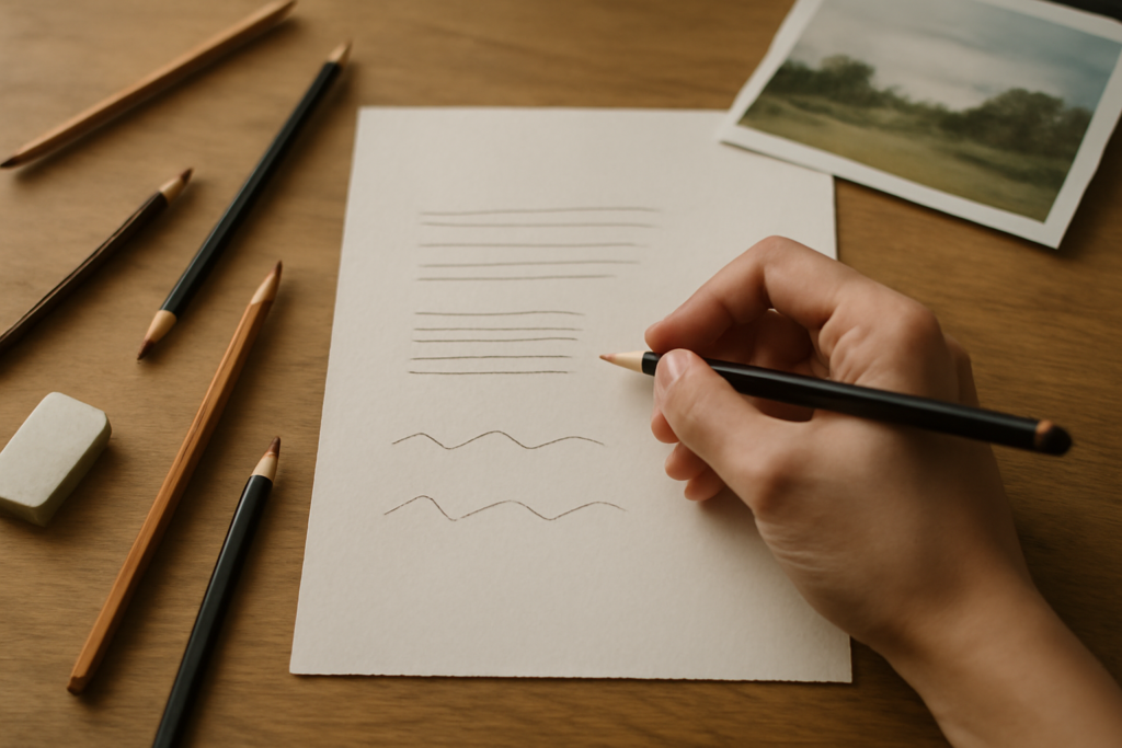 Meja kerja ilustrasi pemula dengan pensil grafit, kertas sketsa berisi latihan garis, dan penghapus