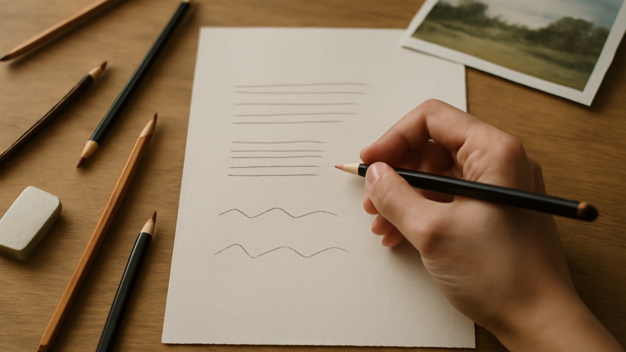 Meja kerja ilustrasi pemula dengan pensil grafit, kertas sketsa berisi latihan garis, dan penghapus