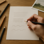 Meja kerja ilustrasi pemula dengan pensil grafit, kertas sketsa berisi latihan garis, dan penghapus