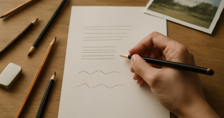 Meja kerja ilustrasi pemula dengan pensil grafit, kertas sketsa berisi latihan garis, dan penghapus